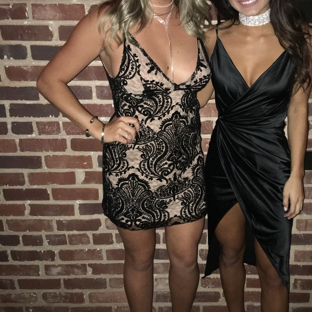 Free People Black and Tan Lace Sequin Mini Dress